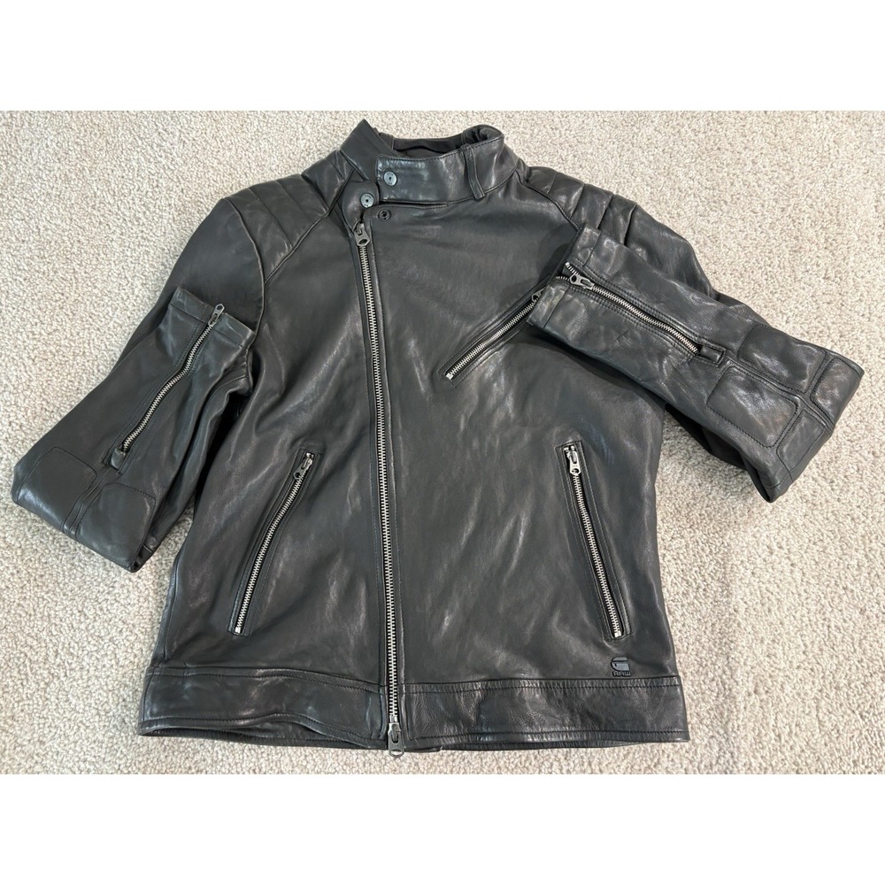 G-Star RAW Suzaki Black Leather Biker Jacket Mens Size M Washed Moto